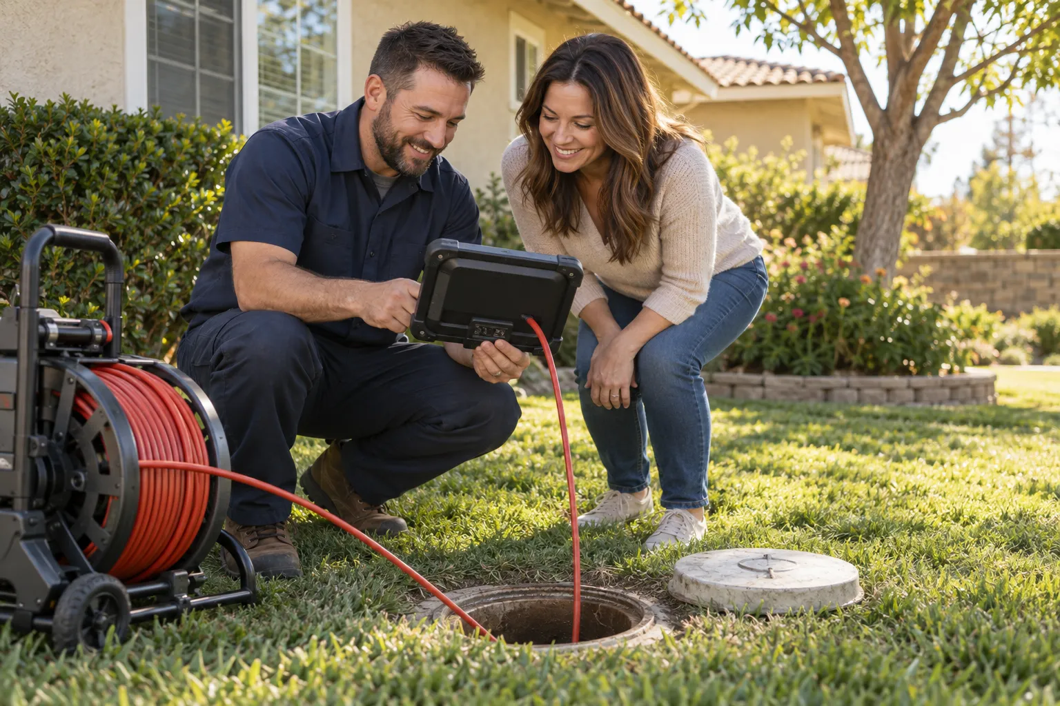 Friendly plumber showing a homeowner a camera inspection screen near a San Jacinto stucco ranch home